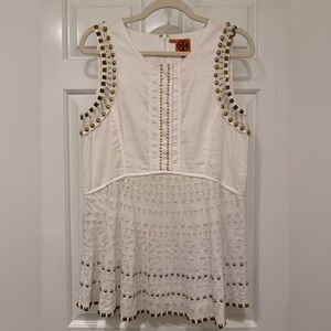 Tory Burch White Peplum Eyelet Studded Blouse with Gold & Silver Accents, Sz 8